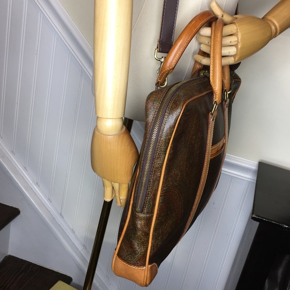 ETRO MILANO Red Paisley Coated Canvas Vachetta Leather Briefcase Laptop File Bag - Picture 7 of 17